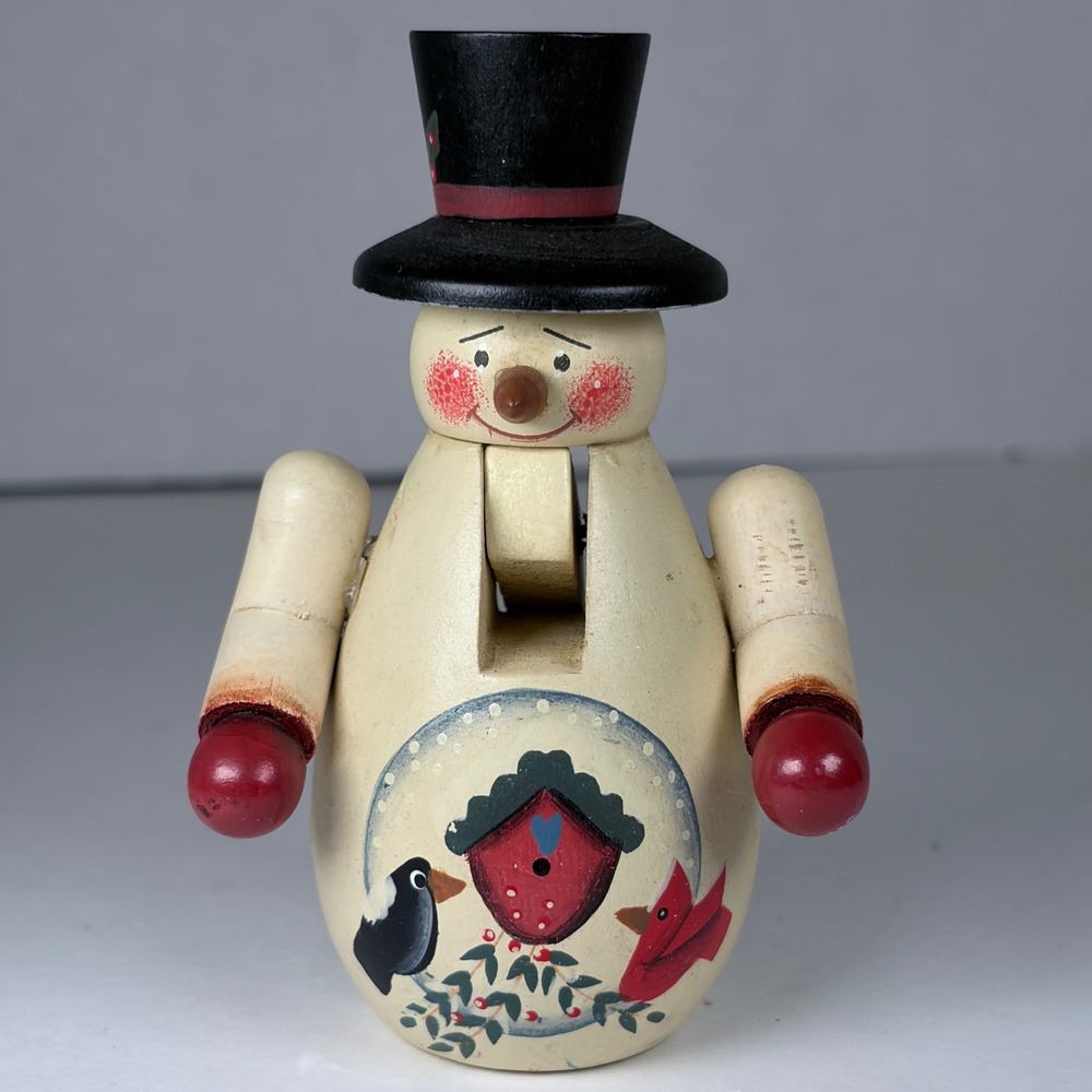 Wooden Snowman Nutcracker 5in Cream Red Birdhouse Folk Art Holiday Decor